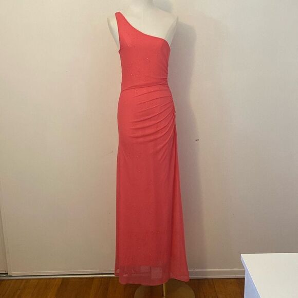 Vintage Late 90's City Triangles Pink One Shoulder Sparkle Maxi Gown Size XS - Picture 2 of 12